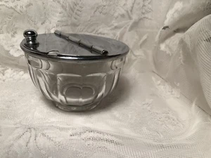 Vintage Round Clear Glass Sugar Bowl Silver Lid Flip Top Spoon Hole - Picture 1 of 5