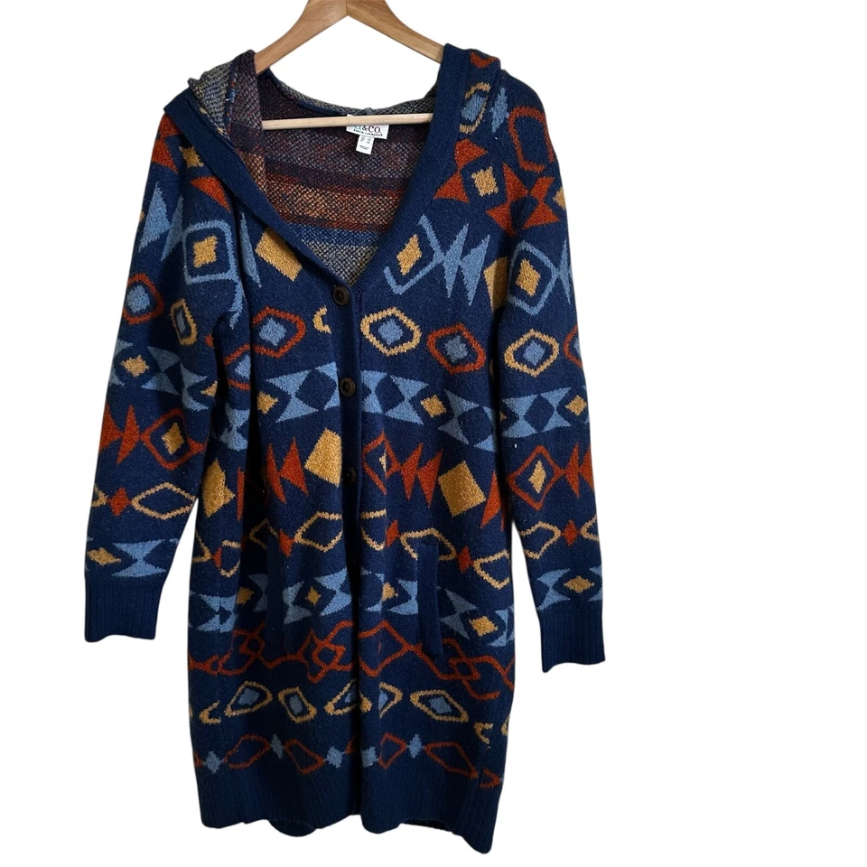 Cárdigan con Capucha Denim & Co. Estampado Azteca Bolsillos Botón Delantero Grande Foto 1 de 4