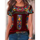 Womens Boho Floral T-Shirt Ladies Casual Loose Tunic Tops Short Sleeve Blouse
