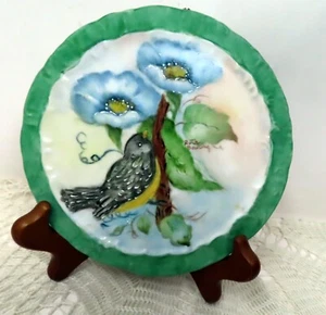 Green 6 3/8" Polychrome Plate Trivet Pansies Robin Bird - Picture 1 of 4