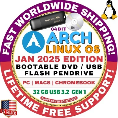 ARCH LINUX OS / BOOTABLE DVD, USB / LIVE, FULL INSTALL / MACS, PCS, FAST SHIP - Image 1 of 4