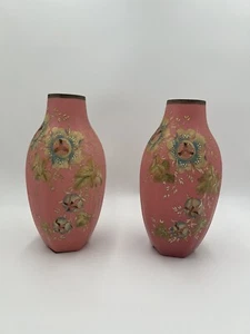 Pair, Antique Pink Bristol Glass Painted Enamel Floral Hexagonal Vases - Picture 1 of 11