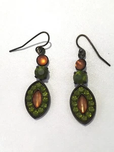 Antique Costume Green & Orange Stone Drop Earrings - Picture 1 of 5