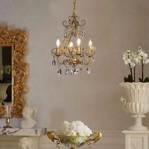 4-Light W14 in. French Country Chandelier Antique Gold Small Crystal Chandeli... - Picture 1 of 12
