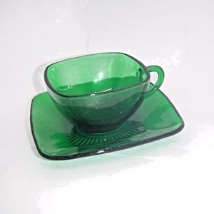 ✅ Anchor Hocking Forest Green Charm Square Cup & Saucer Set – Mid-Century Glass - Picture 1 of 1