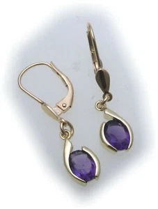 Damen Ohrringe Hänger echt Amethyst echt Gold 585 14kt Gelbgold Ohrhänger - Picture 1 of 2