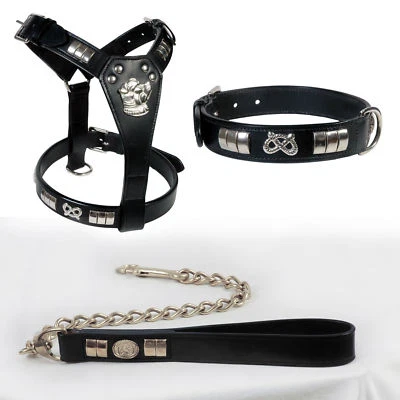 STAFFORDSHIRE BULL TERRIER DOG HARNESS* COLLAR & CHAIN LEAD COMBO SET CHROME FIT - Image 1 of 4