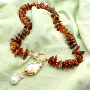Natural Amber Necklace Cultured White Baroque Pearl Pendant - Picture 1 of 6