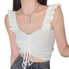 Women Ruffle Sleeveless Crop For Top V-Neck Knit Ruched Drawstring Sweater