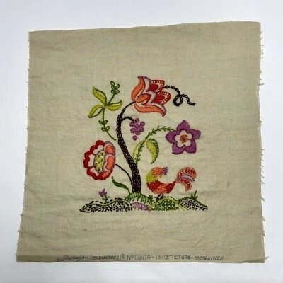 Vtg Floral Rooster Crewel Linen Boho Paragon Needlecraft No. 0304 13” x  13” - Image 1 of 4