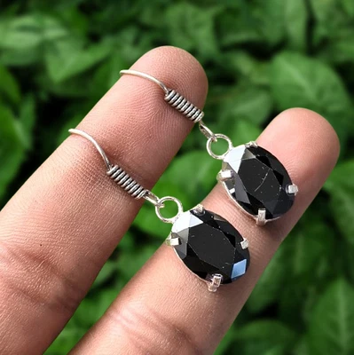 Black Topaz Gemstone Dangle Drop 1Pair Prong Earring 925 Silver Plated Jewelry - Image 1 of 4