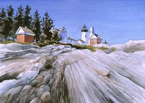 Faro Pemaquid Point. Bristol, Maine. Impresiones artísticas en acuarela de James Mann - Imagen 1 de 2