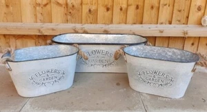 3 x Vintage Galvanised Trough Oval Planter Metal Garden Flower Tub Pot Bucket - Picture 1 of 3
