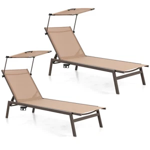2 PCS Outdoor Chaise Lounge Chair w/ Sunshade 6-Level Adjustable Recliner - Picture 1 of 9