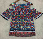 Women's Small (S) Fever Cold Shoulder Colorful Floral Blue Orange Red Blouse Top