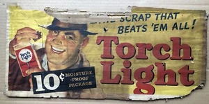 Antiguo letrero vintage 1935 TORCH LIGHT tabaco para mascar 10 quilates chatarra Beats Em All - Imagen 1 de 8