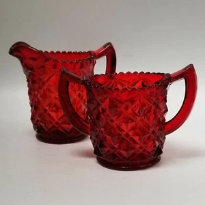 heavy diamond design carnival glass style sugar and cream dish set red color - Picture 1 of 12