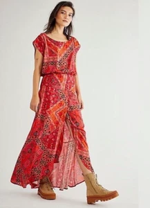 Free People Damen Maxikleid Blakely in Rot Kurzarm Small - Bild 1 von 12