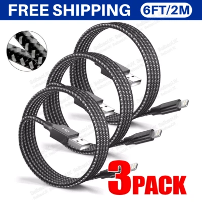 3 Pack 6ft Braided USB Fast Charger Cable Cord For iPhone 14 13 12 11 X XR 8 7 6 - Image 1 of 4