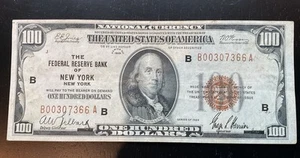 1929 $100 Dollar Bill - Brown Seal -Federal Reserve Bank New York -Note Currency - Picture 1 of 2