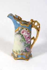 Antica brocca R S Prussia Creamer non marcata dipinta a mano floreale oro dorato 5" - Foto 1 di 9