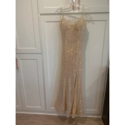 Sherri Hill Sequin Gown Gold Formal Prom Evening Dress Open Back Slit Size 8 - Image 1 of 4