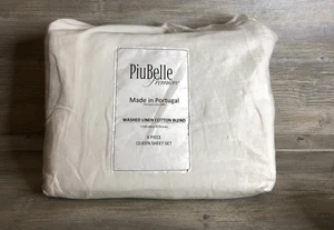 Piubelle Premiere gewaschenes LEINEN BAUMWOLLMISCHUNG Queen Size Lakenset | WEISS - Bild 1 von 2