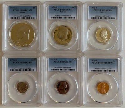 1976-S US 6 Coin PROOF SET~PCGS PR69DCAM~(SILVER~$1~50C~25C) & (CLAD~10C~5C~1C) - Imagem 1 de 4