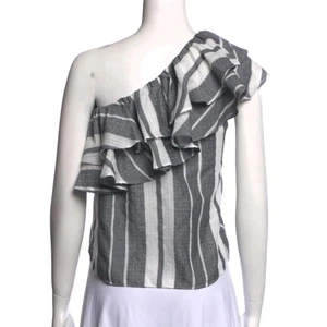 MISA Los Angeles Size S Gray White Stripe Klea Ruffled One Shoulder Cotton Top - Picture 1 of 9
