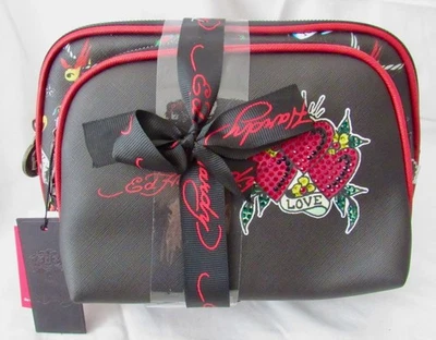 Ed Hardy Black/Red Rhinestone Love Heart 2 Piece Cosmetic Bag Set Brand New L@@K - Image 1 of 4