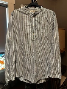 Blue & White Stripe Cotton L/S Band-Collar Popover / Granddad Shirt MOP buttons - Picture 1 of 6