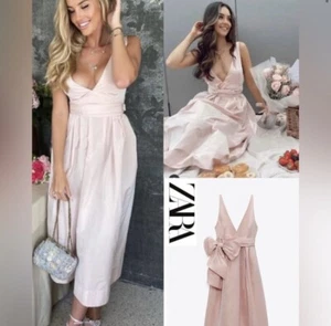 NWT ZARA VOLUMINOUS MIDI DRESS WITH BOW BELT PINK Size S - Picture 1 of 18