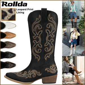 Rollda Women Rodeo Western Cowgirl Boots Snip Toe Pull On Party Dress Tall Boots - Picture 1 of 100