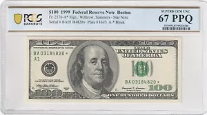 1999 $100 Star Note FRN Boston - Pcgs Banknote 67 PPQ - Top Pop - Fr2176-A* - Picture 1 of 2