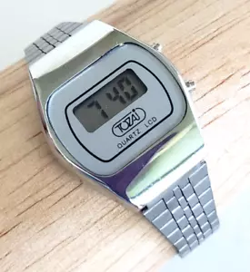 Reloj de cuarzo vintage Tozai LCD digital acero inoxidable tono plata para dama batería nueva - Imagen 1 de 10
