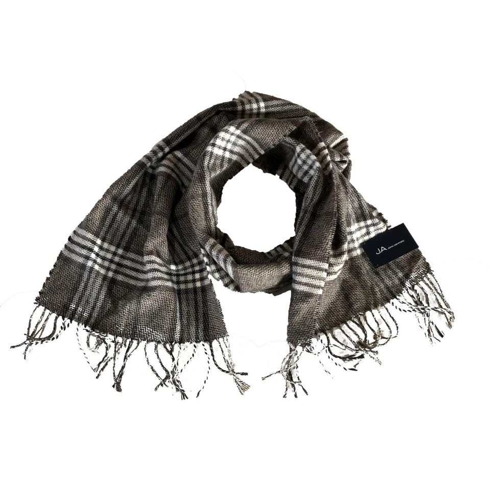 John Ashford Unisex Scarf Fringed Plaid Brown White Soft - Image 1 of 1