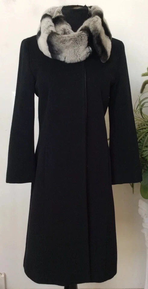 Abrigo chaqueta para mujer Tahari negro mezcla de lana ribete de piel talla 6 ¡USADO EN EXCELENTE ESTADO! $498 Foto 1 de 4