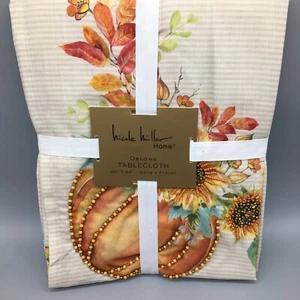 Nicole Miller Beaded Pumpkin Sunflowers Tablecloth Orange Fall Leaves 60x84 NEW - Picture 1 of 12