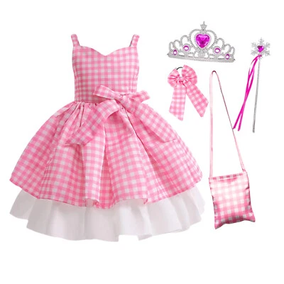 Girls Pink Barbi Dress Plaid Party Outfit Birthday Princess Costume 5 Pcs Set - Image 1 of 4