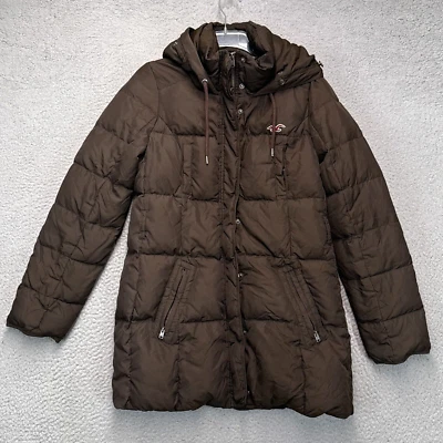 Hollister Down Puffer Jacket Womens Large Brown Full Zip Parka Outdoor FLAWS - Image 1 of 4