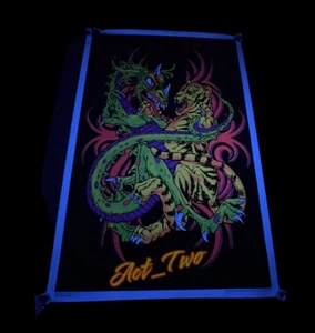 Poster Floccato 23”x35” Vintage 2001 Tiger vs Serpent Dragon Blacklight Originale - Foto 1 di 4