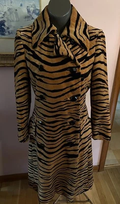 Originala Vintage Velvet Carpet Coat Double Breasted Zebra Print M Camel Black - Image 1 of 4