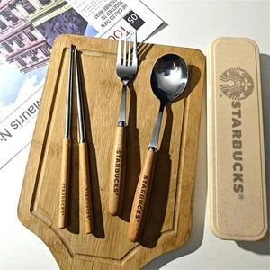 Juego de cubiertos de madera Starbucks de 3 piezas: tenedor, cuchara y palillos nuevo - Imagen 1 de 5
