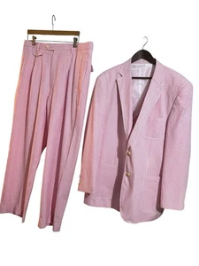 Royal Diamond Men's 3pc Seersucker Suit Pink White Stripe Size 46R Pant 38X32 - Picture 1 of 8