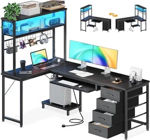 ODK 59Inch Reversible Computer Desk with Drawers,Corner Office Desk with LED Lig - Picture 1 of 10