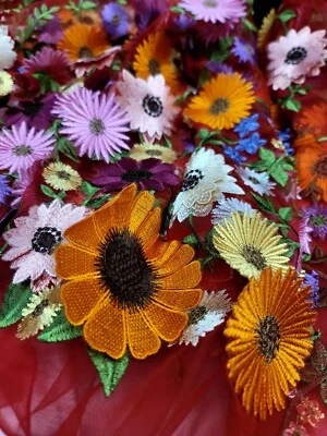 Red Lace 3d Floral Flowers Fabric By The Yard Embroidery Lace Fashion For Dress  - Image 1 of 4