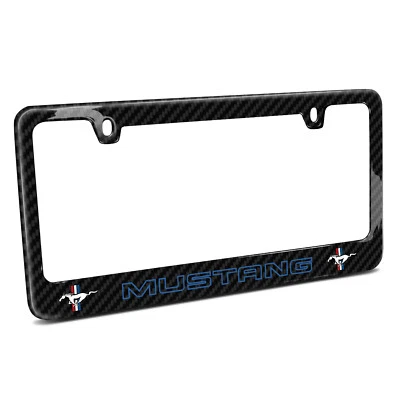 Ford Mustang Outline in Blue Dual Logo Black Real Carbon Fiber License Frame - Image 1 of 4