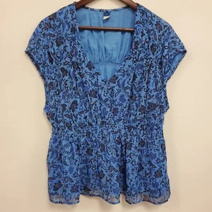 Old Navy Womens Sheer Floral Babydoll Top Size L Blue Shirred Fairy Boho Spring - Picture 1 of 10
