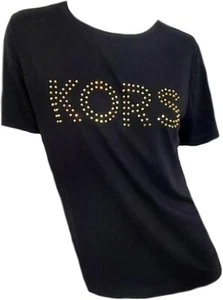Camiseta Michael Kors Mujer MK Logo Manga Corta Negra Dorada Tachonada XS NUEVA CON ETIQUETAS $78 - Imagen 1 de 5