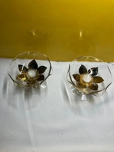 Gorgeous MCM Gold Flowers 3D Reverse Painted Glass Pedestal Dish - Picture 1 of 9